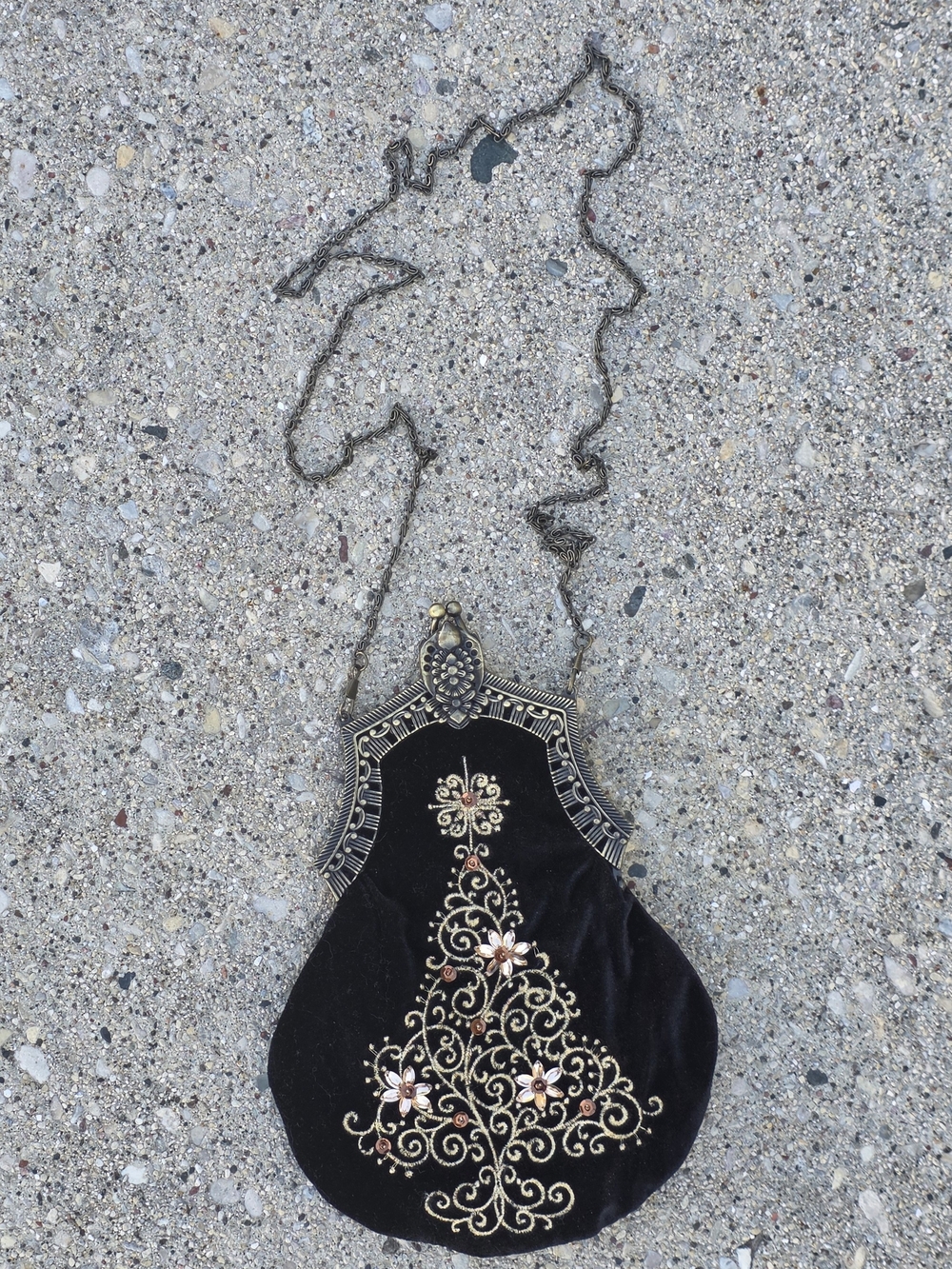 Black Velvet Embroidered Christmas Tree Evening Bag Chain Purse